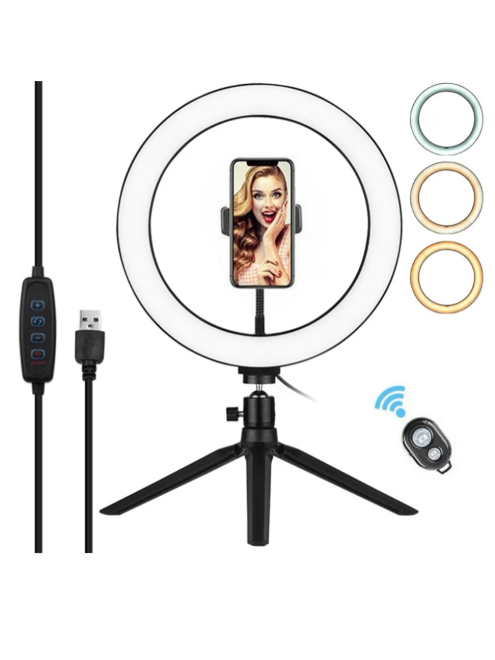 6” LED Ring Light with Tripod Stand Phone Holder & Bluetooth Remote 3 Light type